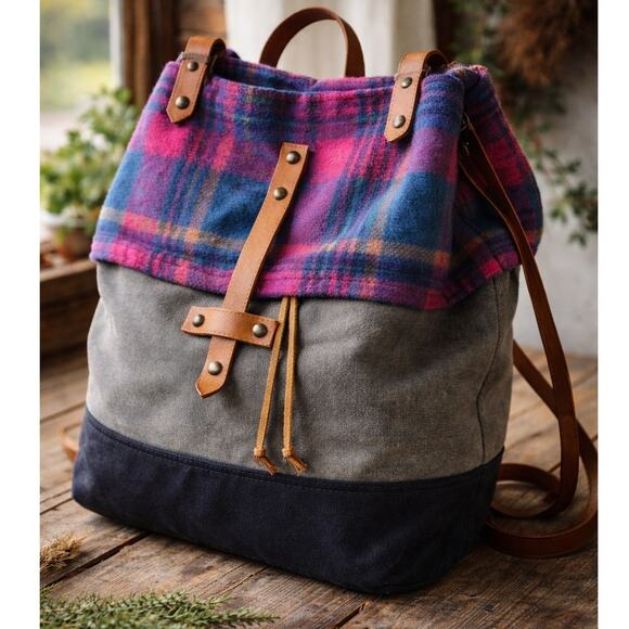 Bri Davey Seward Park Handmade Wool Plaid Backpack Canvas Leather main image 8